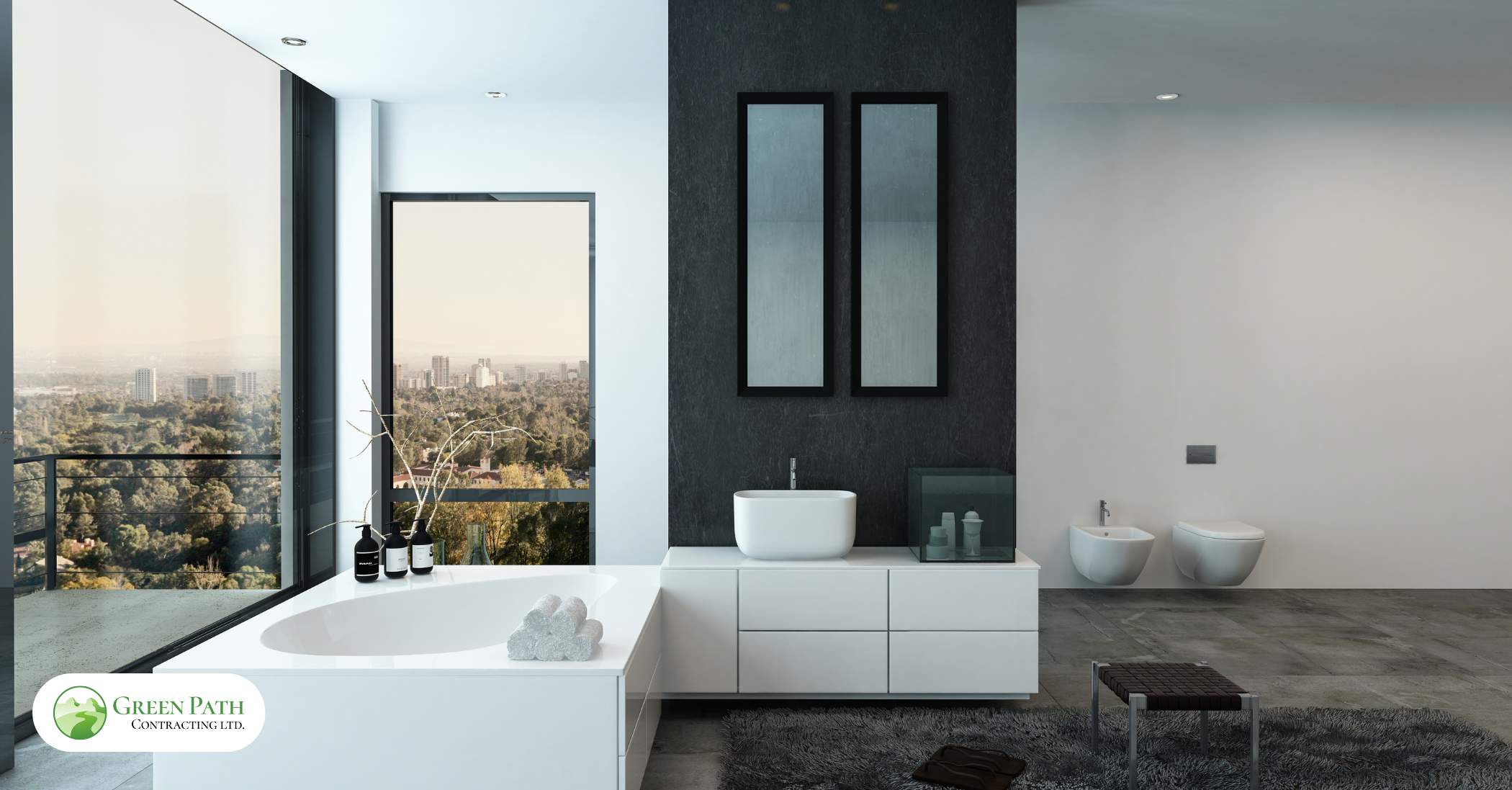 A modern bathroom featuring a skylight, and reflective surfaces enhancing the natural light.
