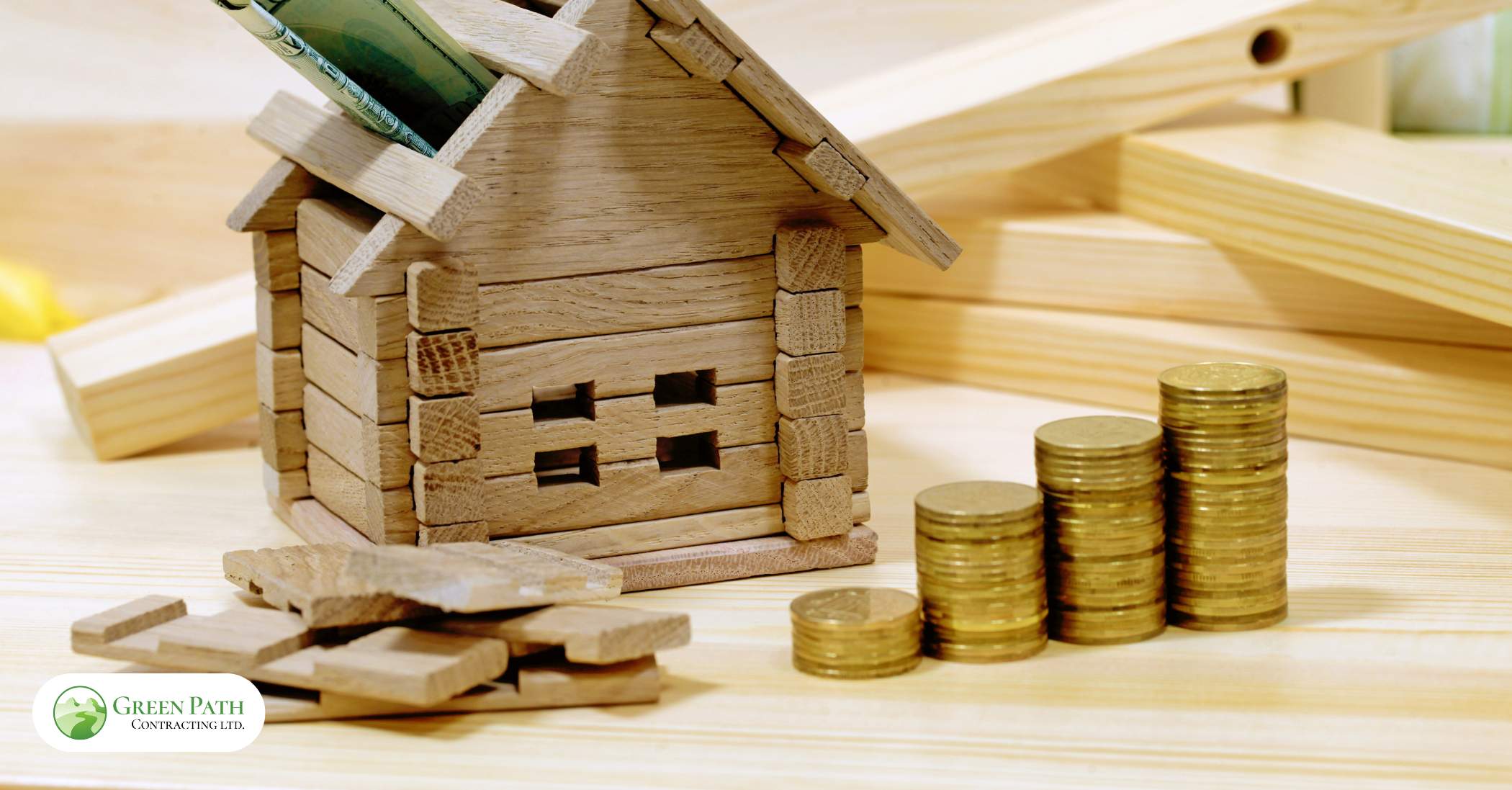 A wooden balance scale with a house on one side and coins on the other.